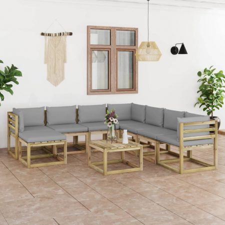 Set Divani da Giardino 9pz con Cuscini Legno di Pino Impregnato