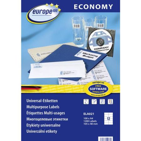 Europe 100 ELA021 Etichette 105 x 48 mm Carta Bianco 1200 pz. Permanente Etichetta universale Inchiostro