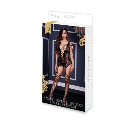 Body a Rete a Corset Front Suspender Taglia Unica Baci Lingerie BW3125 Nero Taglia unica colore